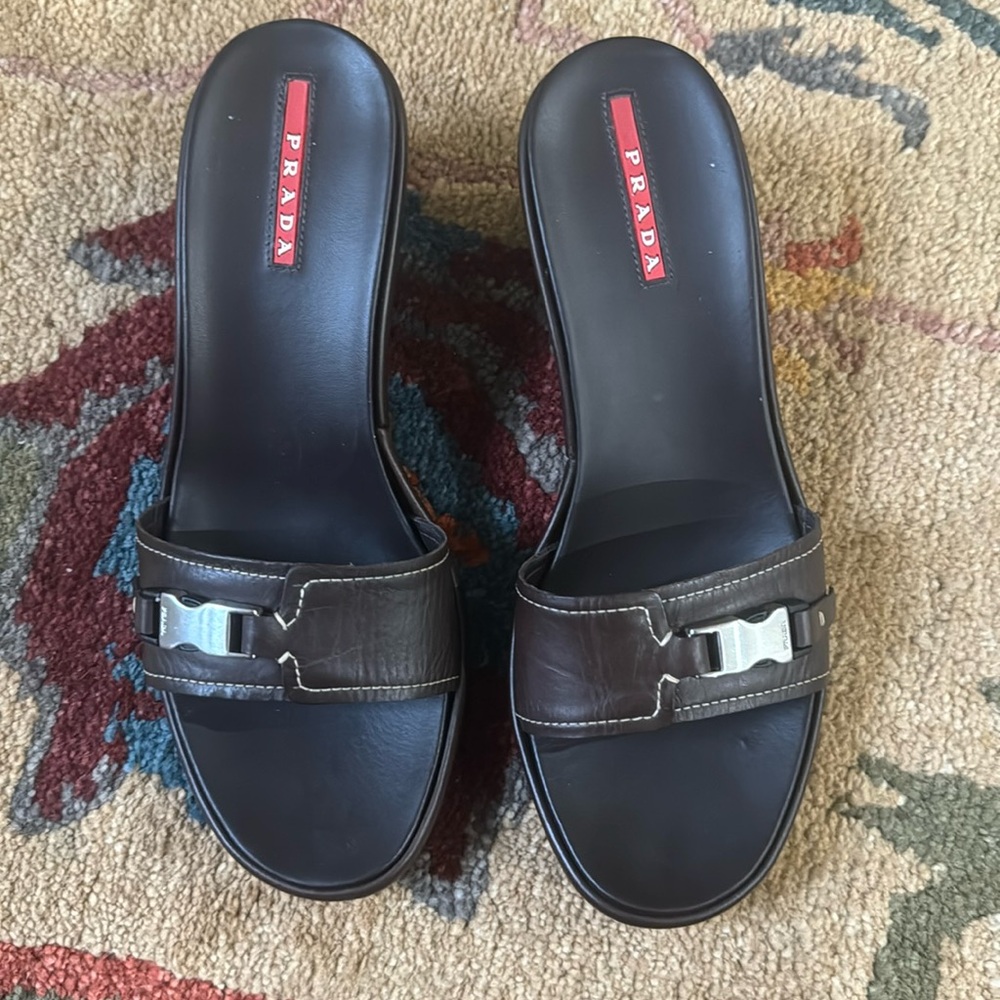 Prada Linea Rossa Calfskin Buckle Platform Wedge Sandals
